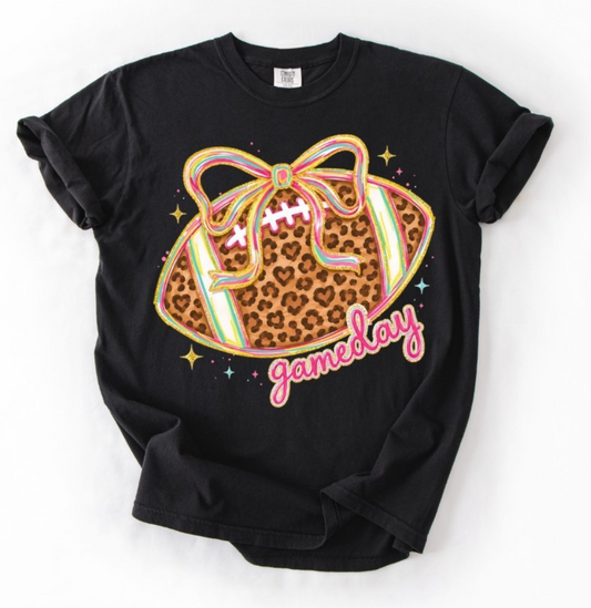 Game Day Leopard Football With Bow Graphic Tee