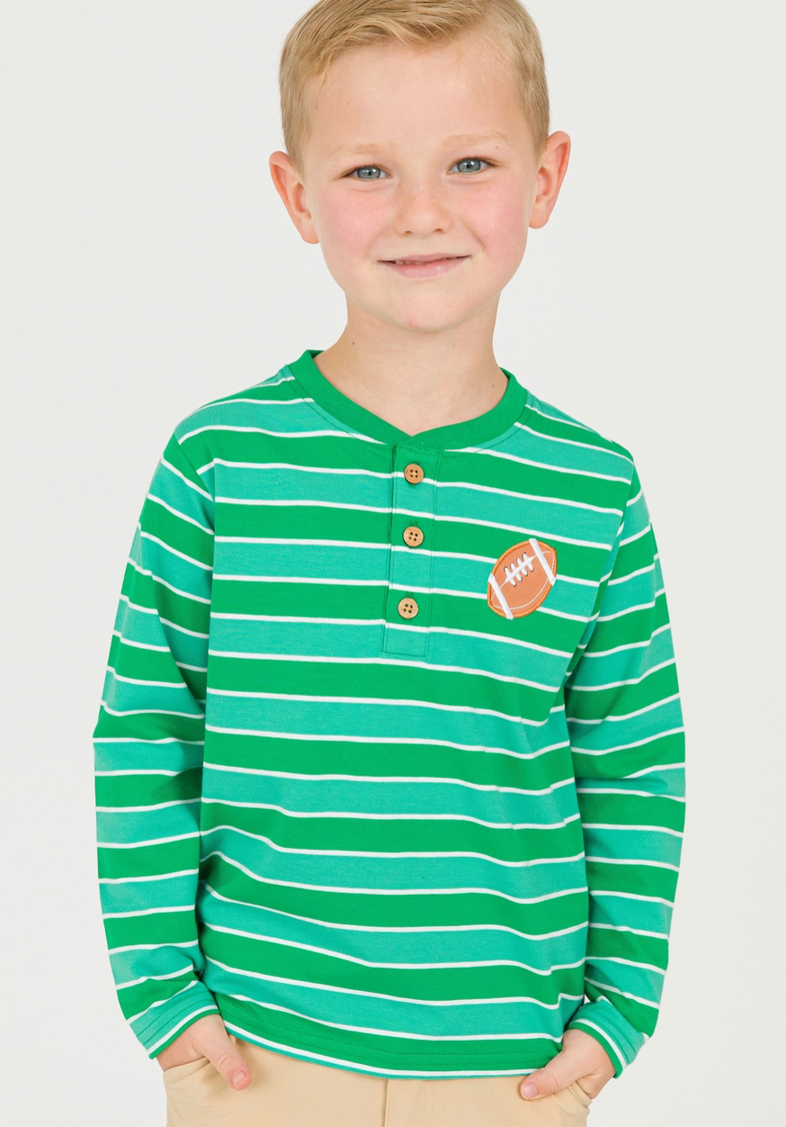 Boys Varsity Football Green Stripe Knit Long Sleeve Embroidered Henley Tee