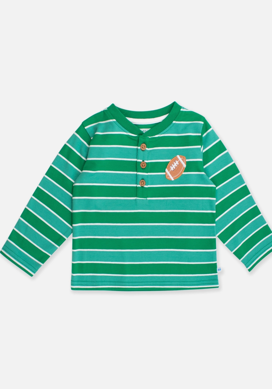 Boys Varsity Football Green Stripe Knit Long Sleeve Embroidered Henley Tee