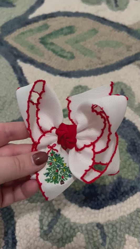 Embroidered Christmas Tree Crochet Edge Bow